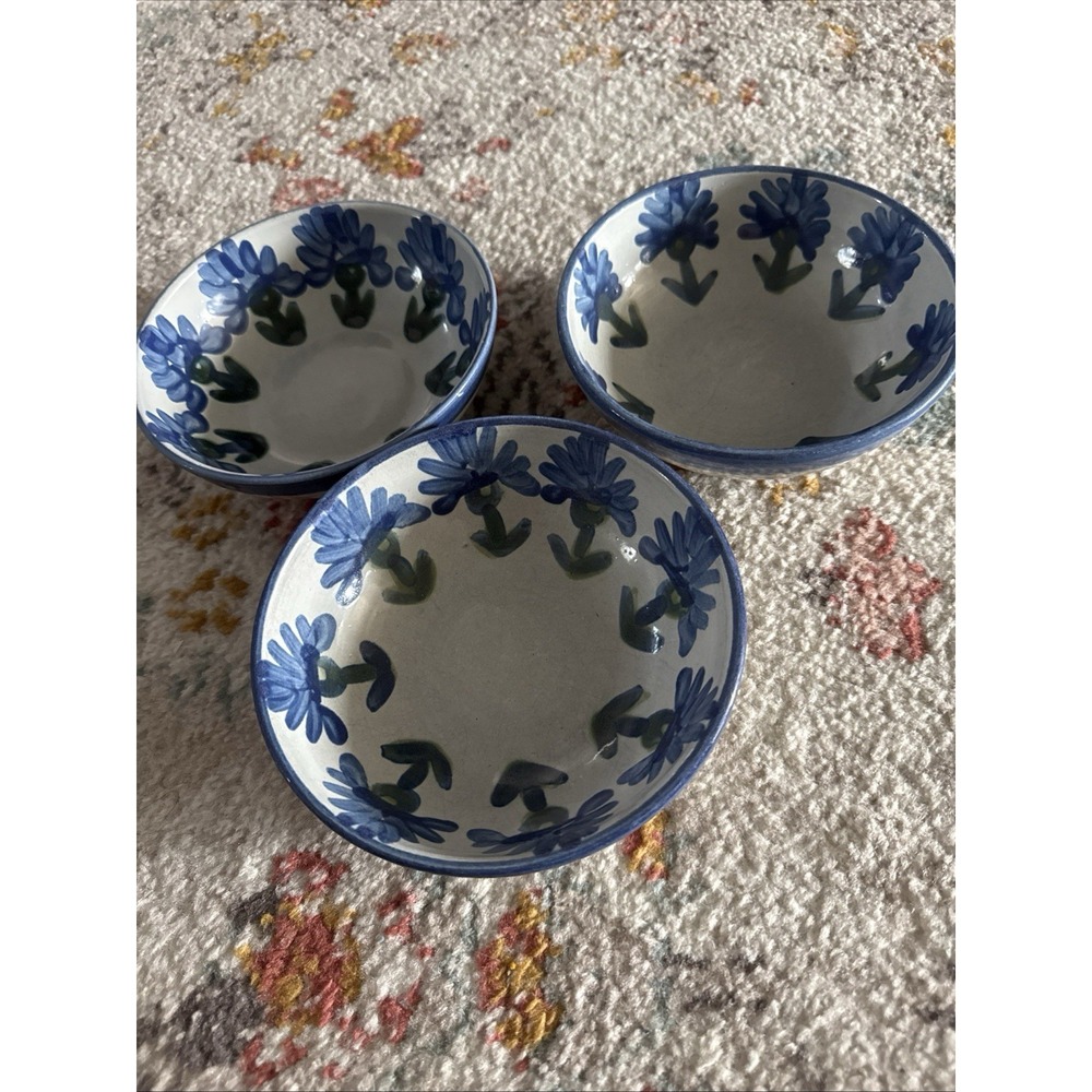 3 Louisville Stoneware Pottery Bachelor Button Coupe Cereal Bowl Blue Cornflower
